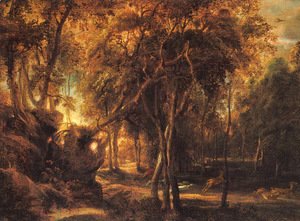 A Forest at Dawn with Deer Hunt