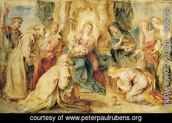 The Virgin and Child enthroned adored by eight Saints