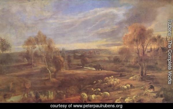 Evening Landscape with sheep and herd