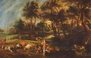 Landscape with cows and ducks hunters