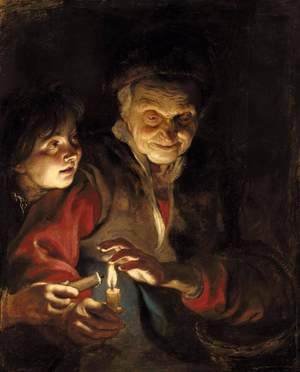 A Night Scene With An Old Lady Holding A Basket And A Candle, A Young Boy At Her Side About To Light His Candle From Hers